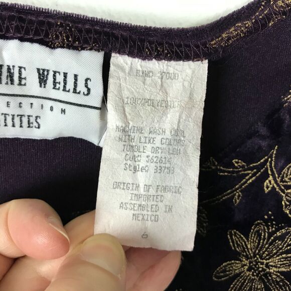 Vintage Purple Velvet Dress Size Petite 6P Gold Floral Long Sleeve Mini Y2K - Picture 4 of 7